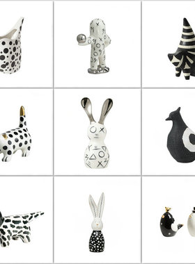 现代简约手绘图案陶瓷动物摆件样板间儿童房设计款创意家居饰品