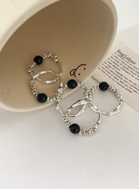 s925纯银几何不规则黑玛瑙戒指