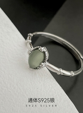 S925银复古文艺椭圆碧玉戒指女