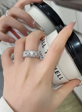 S925纯银拉丝戒指女开口镂空锆石轻奢高级感毛衣链小众设计指环