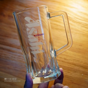 日本进口Asahi 厚底把手杯 Beer朝日啤酒杯扎啤杯辛口生啤玻璃杯