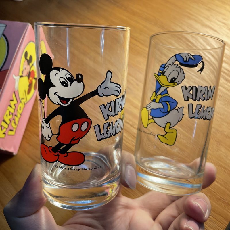 2只日本迪士尼米奇老鼠唐老鸭印花KIRIN LIMON卡通玻璃杯情侣水杯