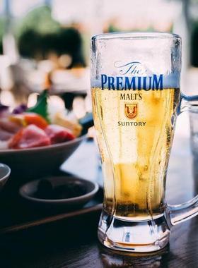 日本进口三得利生啤The PREMUIM MALT'S神泡厚实玻璃啤酒杯带把手