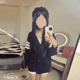 快手女网红同款学院风韩版条纹百搭V领针织上衣宽松童装毛衣外套