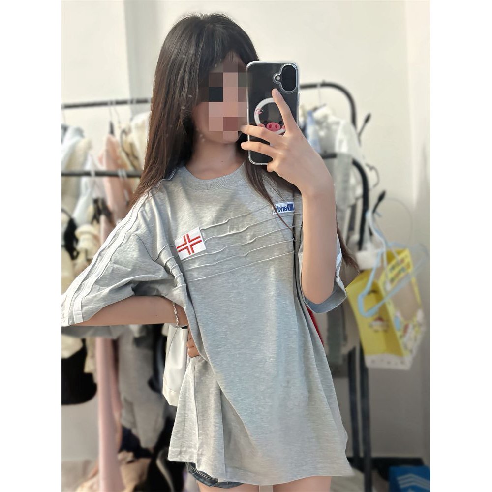2026美式潮牌条纹字母刺绣t恤女中大童上衣夏季新款宽松灰色短袖图片