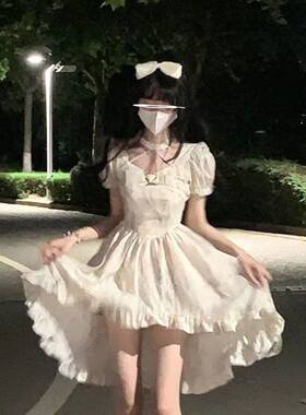韩版时尚收腰气质爱心拼接方领连衣裙女学生2024夏季不规则中大童