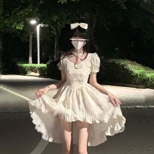 韩版时尚收腰气质爱心拼接方领连衣裙女学生2024夏季不规则中大童