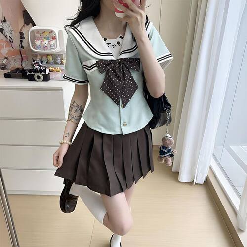 薄荷绿短袖款2026夏季新品水手服棕色裙套装jk中大童学院风ins女