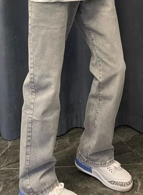 中大童美式高街百搭显瘦牛仔裤休闲潮ins直筒黑色烟灰色裤子男女