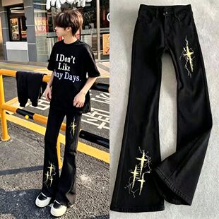童装潮流十字架印花牛仔裤男女童夏季新款潮流时尚显高显瘦微喇裤