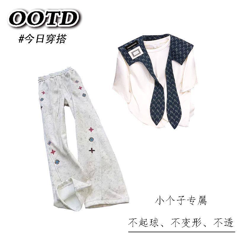 学院风中大童短袖上衣宽松+白灰色扎染印花休闲裤子套装女童夏季