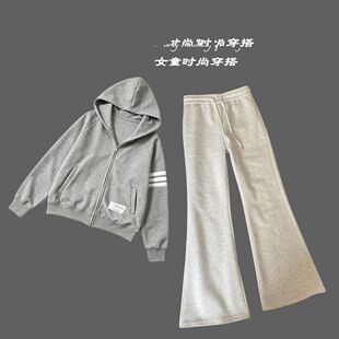 儿童春秋开学季新款中大童灰色宽松卫衣外套白灰色休闲裤子套装女