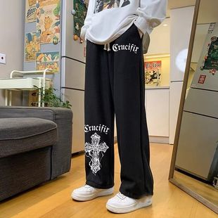 十字架卫裤男秋冬季美式运动高街潮牌童装宽松直筒休闲阔腿长裤子