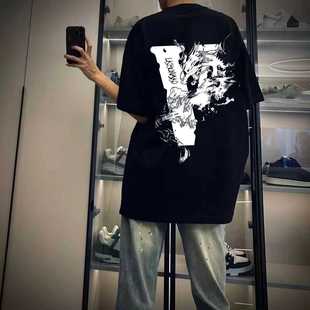 100%纯棉个性街头烟雾龙大V印花短袖t恤男女童夏宽松休闲上衣ins