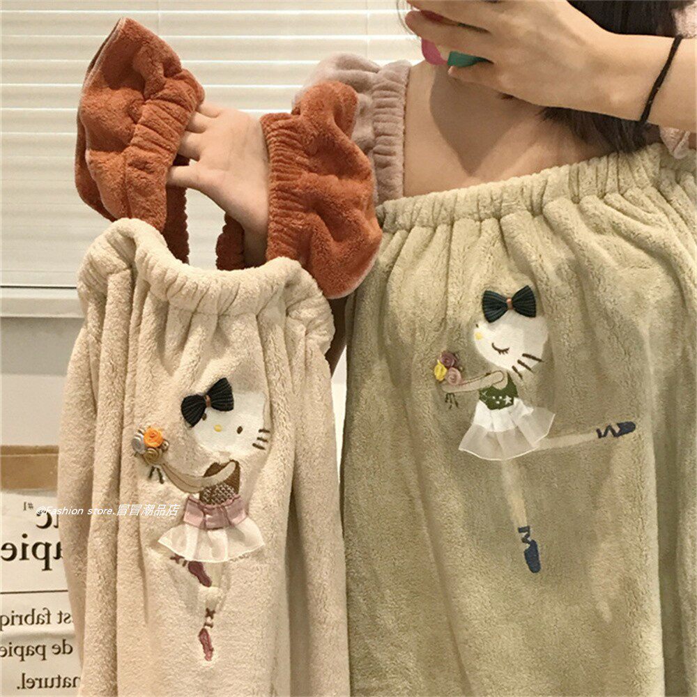 花边猫女孩吊带浴巾可穿可裹加厚珊瑚绒吸水吊带浴裙夏季洗澡家用