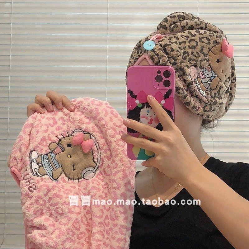 可爱豹纹kitty干发帽女超强吸水速干2025新浴帽洗头擦头发