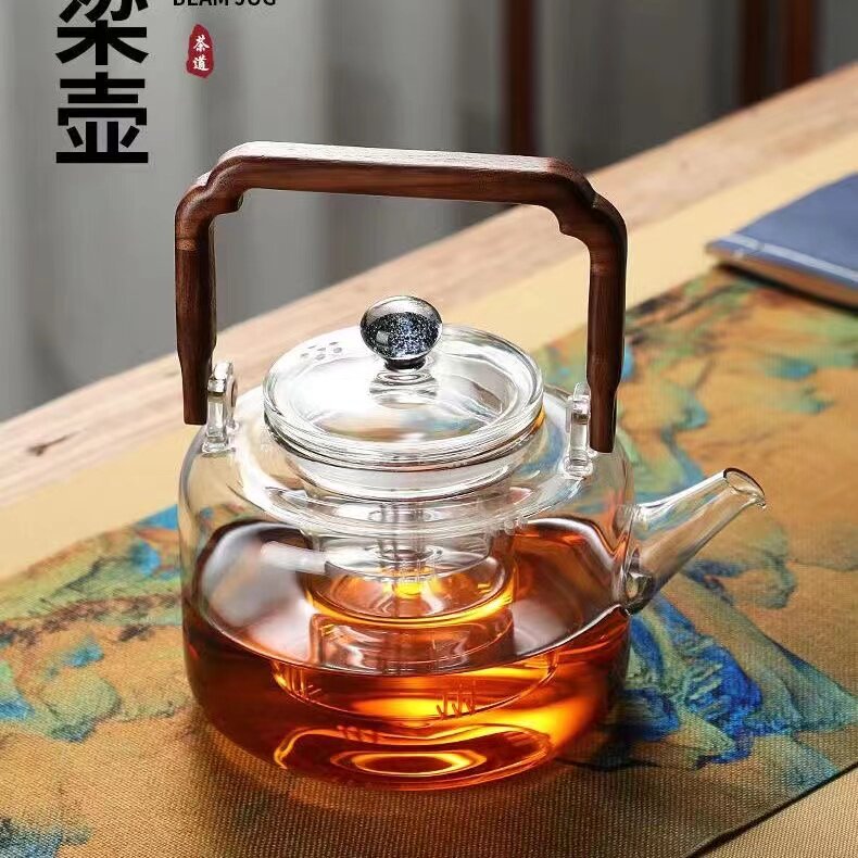 蒸煮两用茶壶耐高温玻璃大容量泡茶壶加厚实木提梁壶明火加热壶