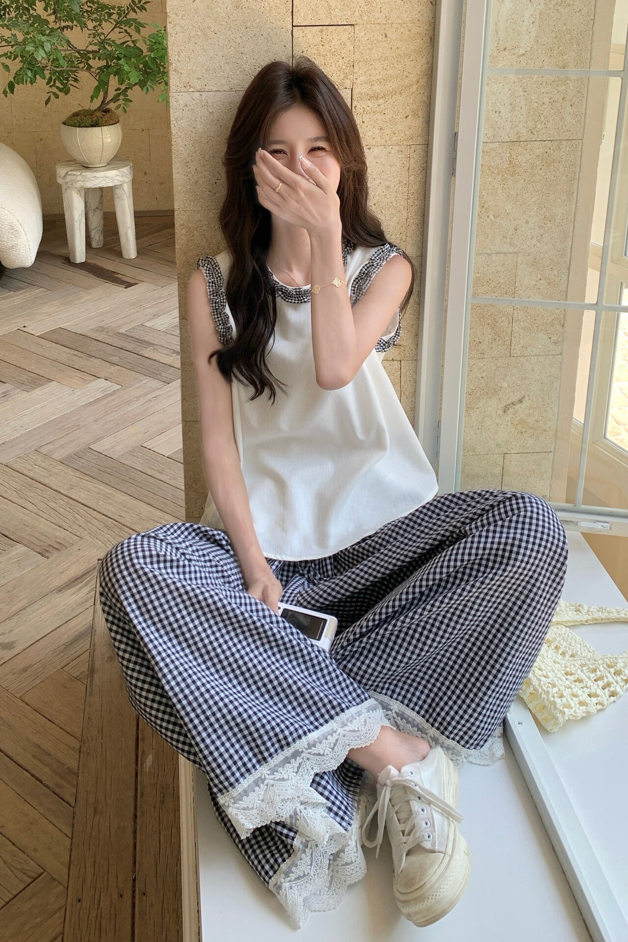 日系慵懒风木耳边背心格子阔腿裤套装女2025夏季新款小个子两件套,女装套装/套裙,2C298
