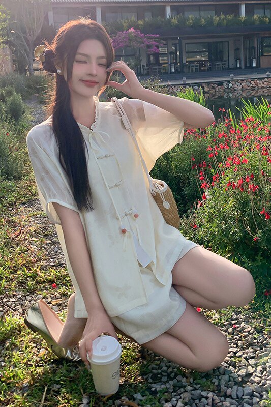 禅意少女新中式木耳边套装女夏盘扣娃娃衫+短裤w324-p135-k188,女装套装/套裙,2C298