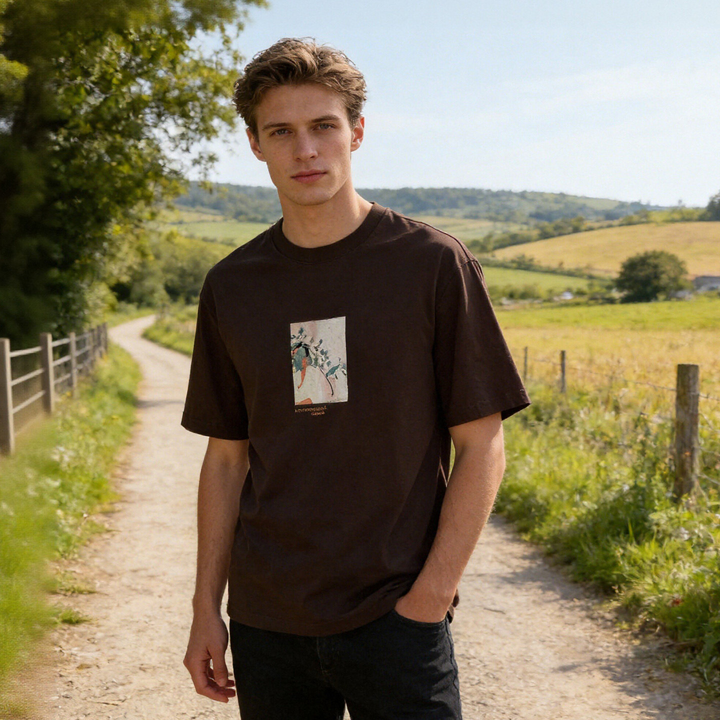 重磅1OO棉 时尚国风印花 宽松落肩春夏男士休闲圆领短袖T恤B4023