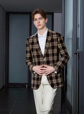 软糯磨毛 羊绒质感！时尚英伦格子男士商务休闲修身小西装D2458