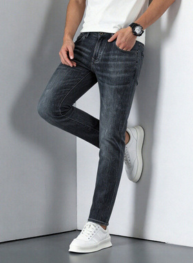 软糯细腻 弹力舒适 时尚灰蓝色水洗 春夏男士休闲直筒牛仔裤Y2323