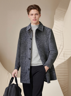 复古人字纹 高克重羊毛双面呢 冬季翻领商务中长男羊绒大衣G0019