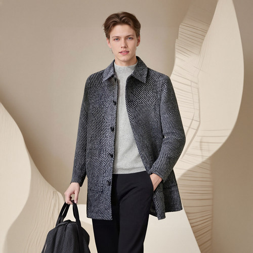 复古人字纹 高克重羊毛双面呢 冬季翻领商务中长男羊绒大衣G0019