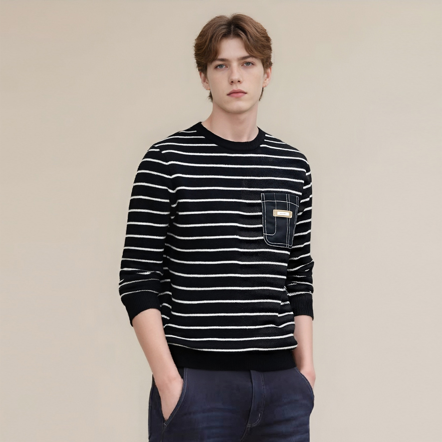 加绒加厚 时尚条纹 品牌原单冬季口袋装饰男士针织毛衣衫X0084