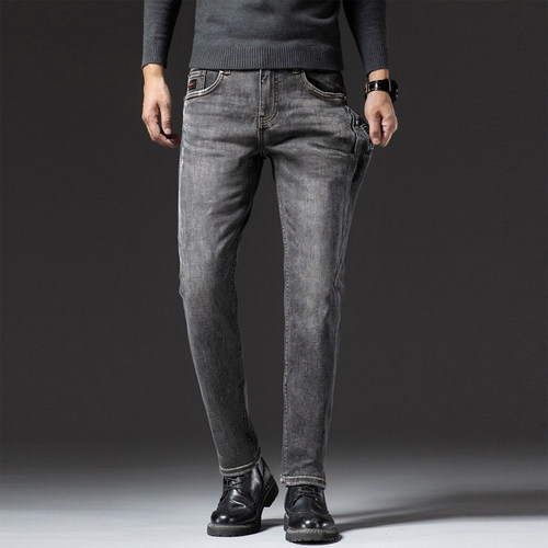 九家原货 新疆长绒棉 复古灰色秋冬季男士高弹力直筒牛仔裤Y2160