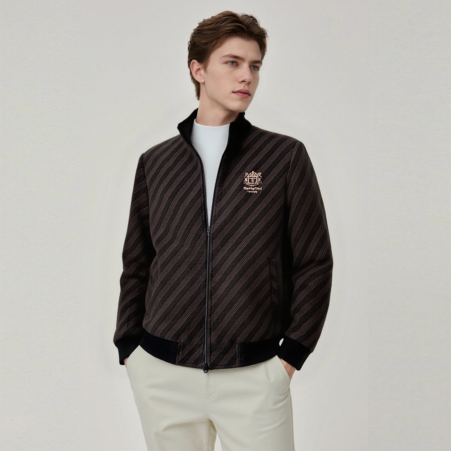 轻奢 雪尼尔面料 时尚刺绣 秋冬季条纹加厚男士棉衣服外套D2247