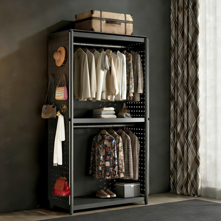 洞洞板卧室挂衣架货架衣柜出租房简易组装金属钢制防尘衣橱收纳柜