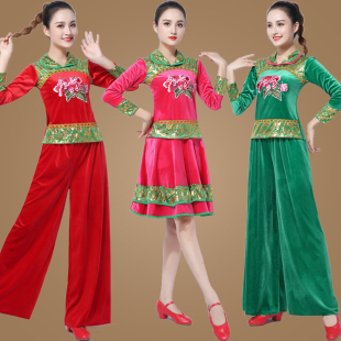 古典民族风秧歌舞蹈演出服女 套装 秋冬新款 中老年金丝绒广场舞服装