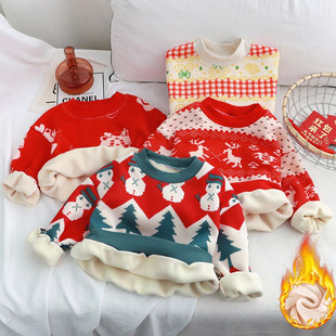 儿童加绒毛衣拜年服秋冬季加厚保暖内衣男女童打底衫T恤童装卫衣