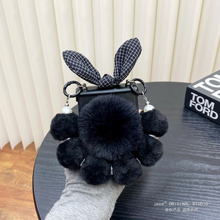 格纹兔耳朵适用三星zflip6/5/4折叠屏n3flip手机壳小米mixflip毛绒毛球保护套pocket2护轴可爱p50pocket秋冬