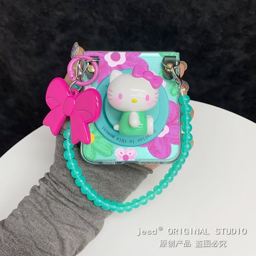 青绿色可爱花朵kt猫适用三星zflip76折叠屏purax手机壳阔屏华为pocket2小米Mixflip2磁吸支架vflip油画n3flip