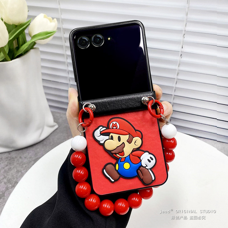 网红可爱马里奥适用摩托罗拉moto razr50ulta手机壳斜挎珠链条折叠屏Razr50皮质保护套超薄防摔男女新款挂绳