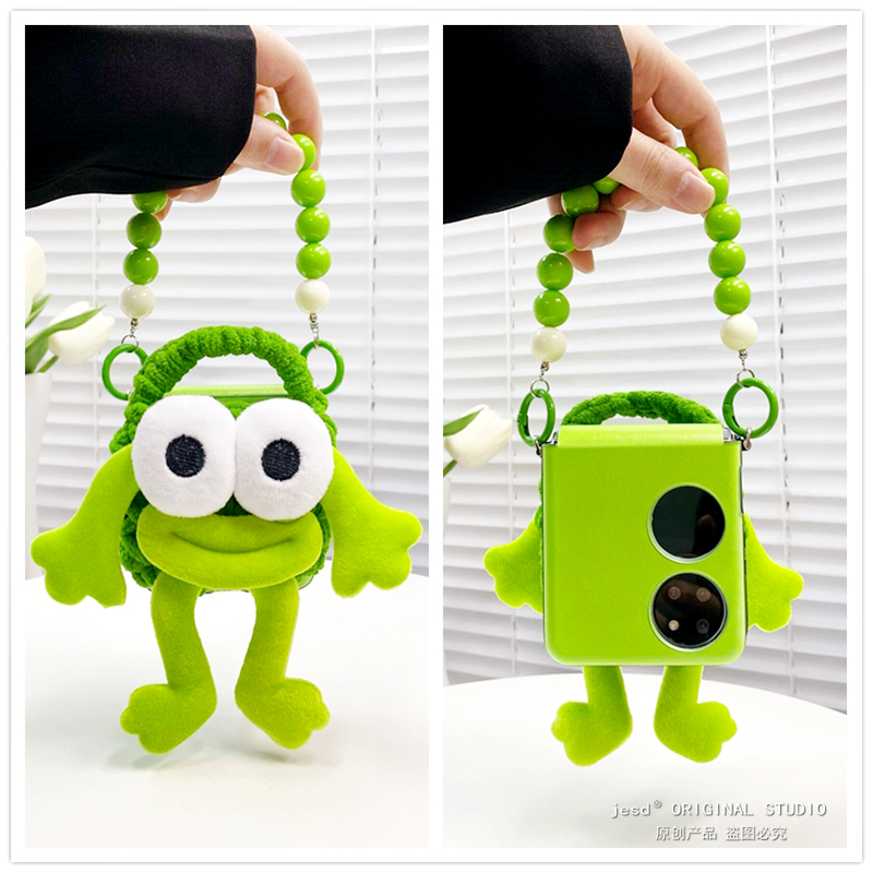 可爱毛绒针织青蛙耳机包适用华为P50Pocket手机壳新款零钱包pockets外壳p50折叠屏网红超火pocket2保护套挂绳