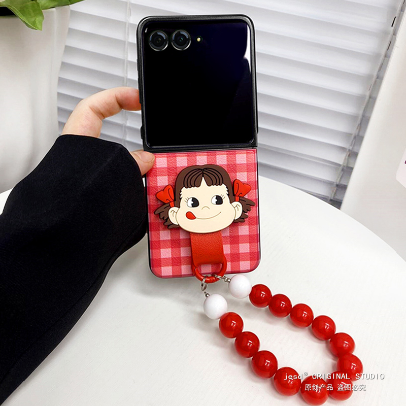 复古红色格子不二家女孩指环适用摩托罗拉moto razr50ulta手机壳折叠屏Razr50Ultra保护套防摔razr50新款挂绳