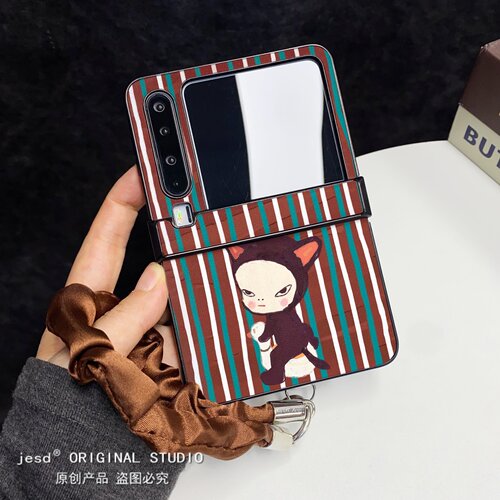 日韩ins风棕色条纹猫咪带挂绳适用三星zflip87折叠屏purax手机壳华为pocket2小米Mixflip2可爱vflip2硬n3flip