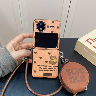 卡通英文小熊零钱包适用vivo x flip手机壳新款棕色小折叠屏保护壳vivo斜挎背带挂绳可爱个性小众复古高级感