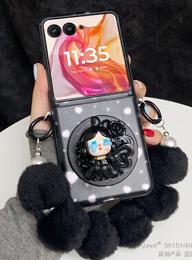 黑色冷淡风玫瑰哭娃磁吸支架适用摩托罗拉razr50手机壳razr60ultra新款Moto razr50ultra皮纹保护套小众个性