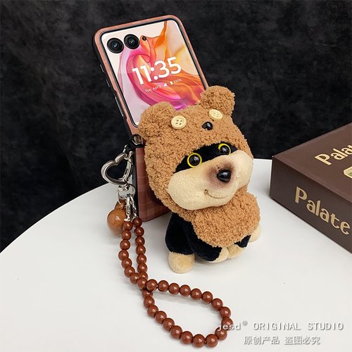 毛绒小熊帽子蜜蜂狗磁吸支架适用摩托罗拉razr50手机壳razr60ultra新款Moto皮质razr50ultra美拉德格纹保护套