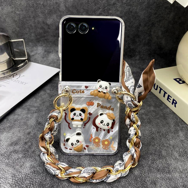 奶咖色可爱卡通熊猫适用摩托罗拉moto razr50ulta手机壳斜挎折叠屏Razr50Ultra保护套超薄防摔razr50新款挂绳