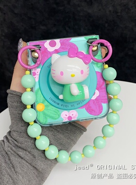 青绿色可爱花朵kt猫磁吸支架适用摩托罗拉razr50手机壳razr60ultra新款Moto razr50ultra保护套卡通网红潮壳