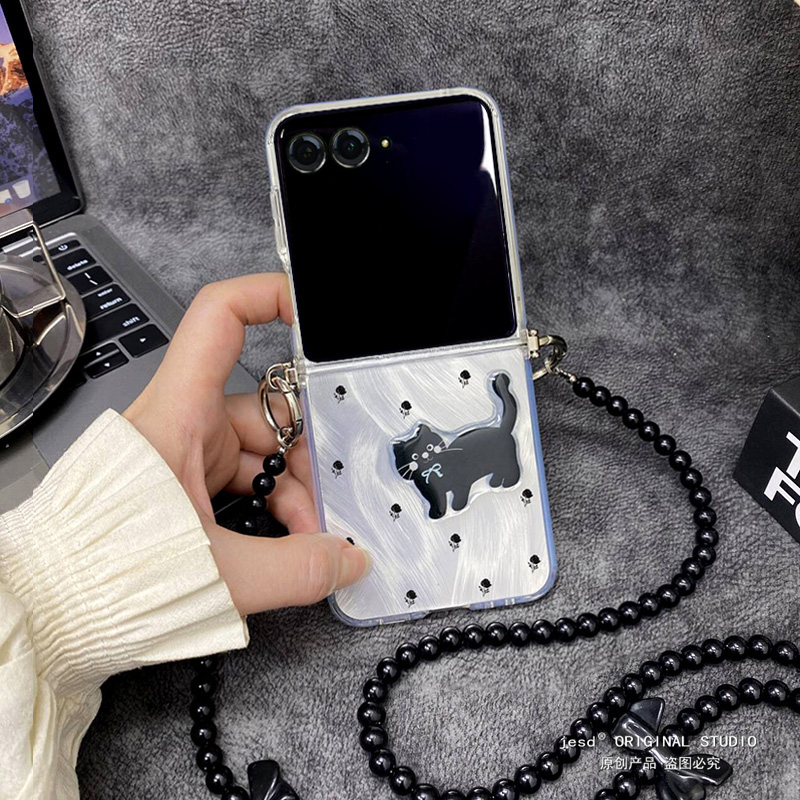 ins黑色小碎花猫咪适用摩托罗拉moto razr50ulta手机壳斜挎折叠屏Razr50Ultra保护套超薄防摔razr50新款挂绳