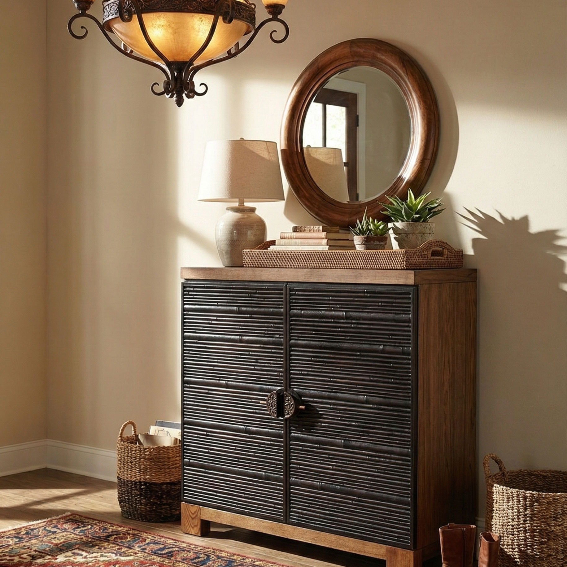 筑家东南亚风格实木两门鞋柜新中式玄关柜门厅收纳柜槟榔色家具