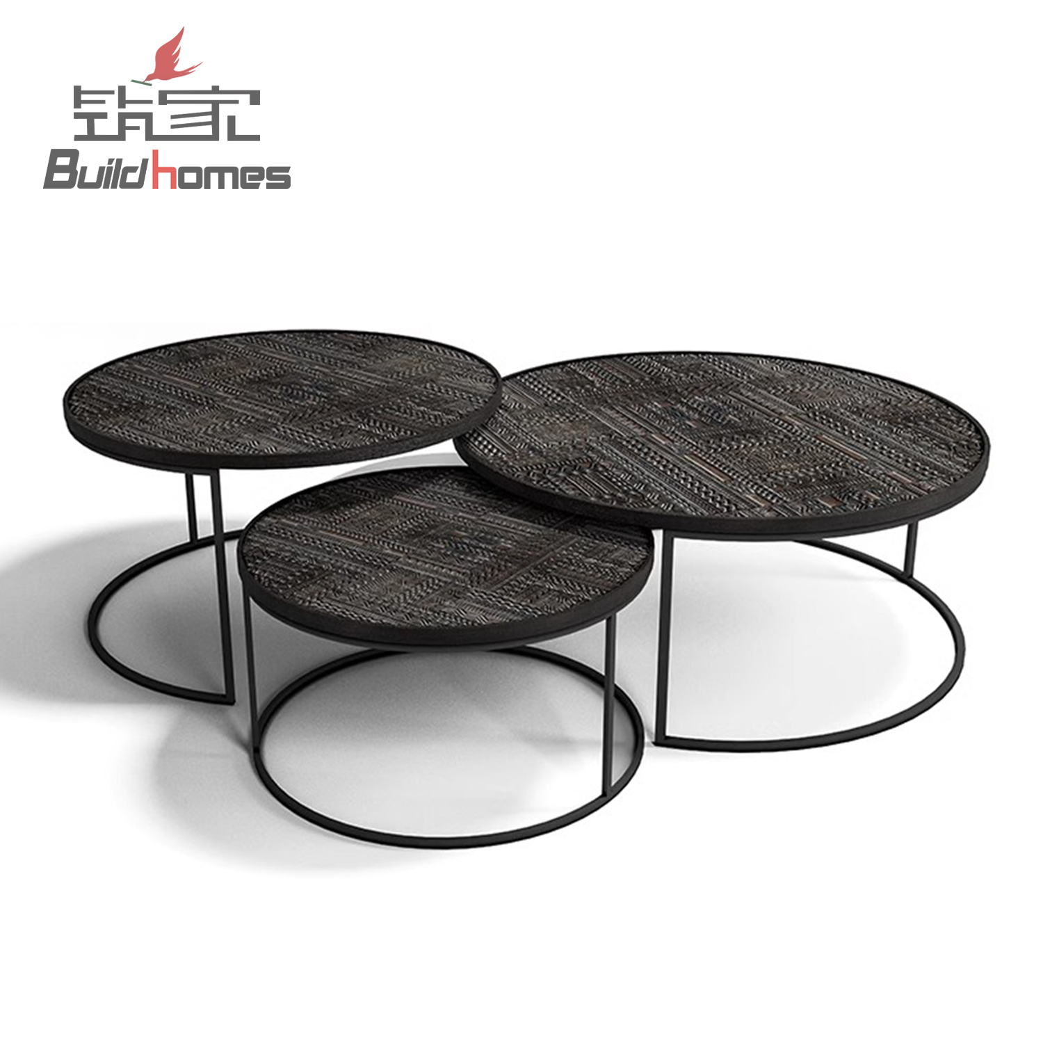 北欧实木复古柚木手工雕花茶几