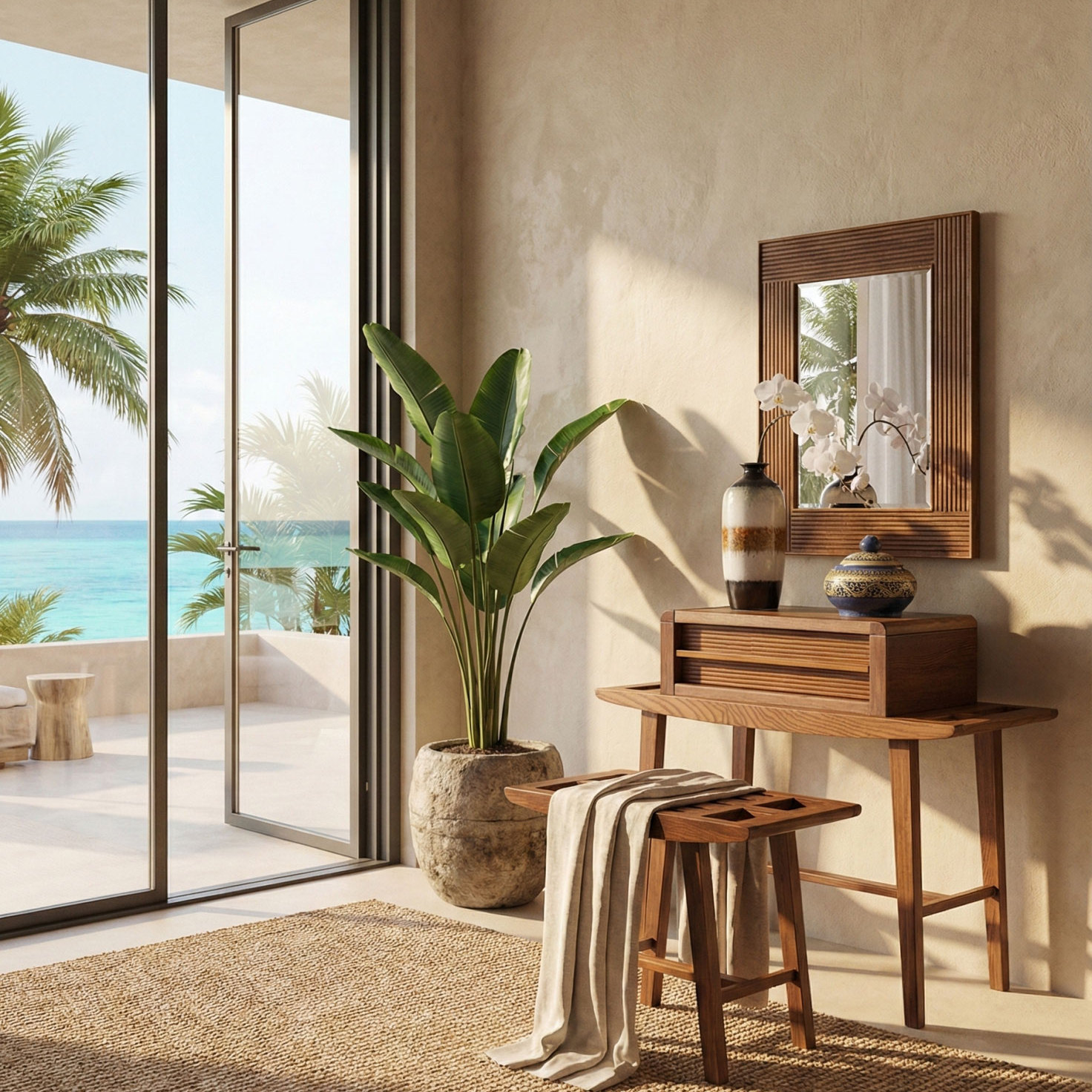 筑家东南亚风格实木梳妆台妆凳组合带镜子槟榔色胡桃木卧室家具