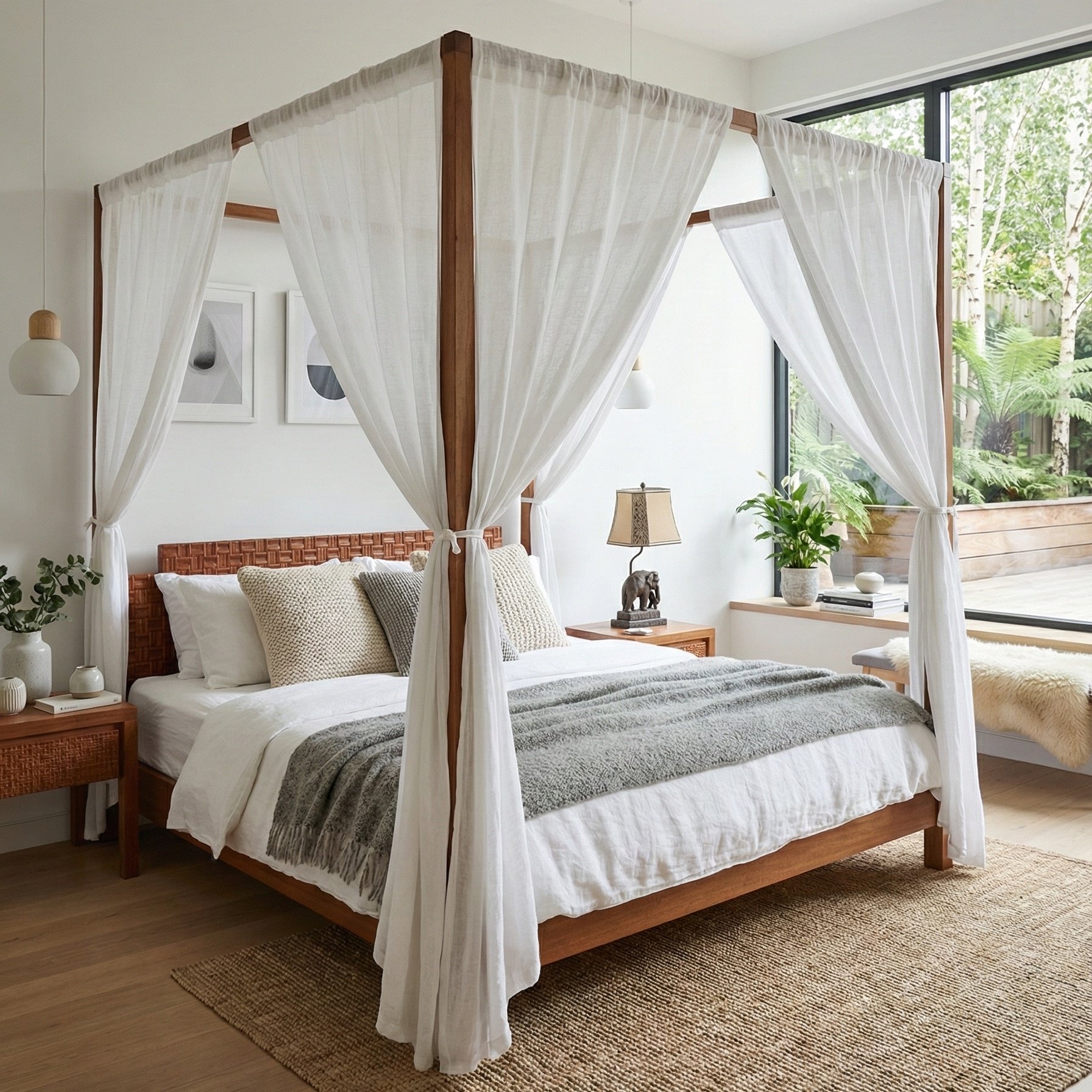 筑家东南亚风格家具主卧室槟榔色家用全实木拔步床雕刻四柱架子床